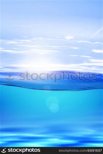 water line of bright blue water under sun, tropical hot climate
