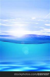 water line of bright blue water under sun, tropical hot climate