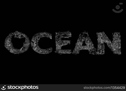 "Water Liquid Alphabet " OCEAN " on black color background. 3D Render"