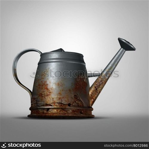 Water problem as a watering can that is corroded and decaying with with rust due to neglected weathering and oxidation as a conservation and health metaphor for clean drinking liquid free from lead and poison.