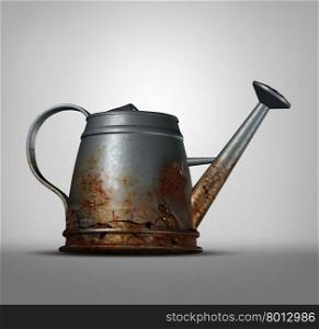 Water problem as a watering can that is corroded and decaying with with rust due to neglected weathering and oxidation as a conservation and health metaphor for clean drinking liquid free from lead and poison.