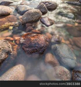 water rushing past rocks in a fast flowing and crystal clear stream in Corsica