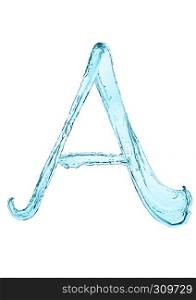 Water splash letter A with light blue color on white background