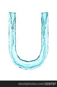 Water splash letter U with light blue color on white background