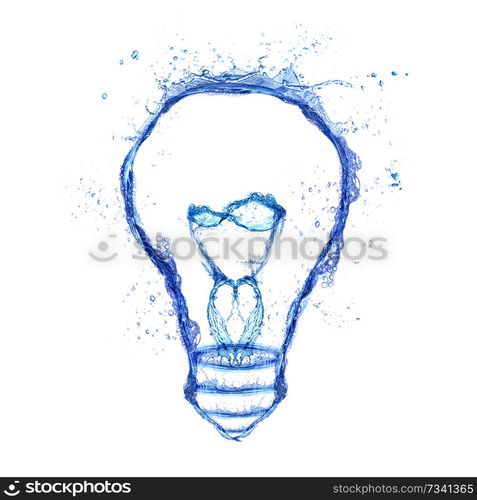 Water splash light bulb isolated on white background. Emergence of the idea, Eureka creativity concept.