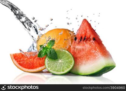 Water splash on fresh fruits isolated on white