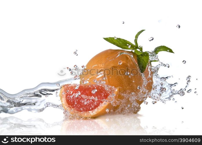 Water splash on grapefruit with mint isolated on white