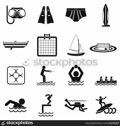 Water sport black simple icons isolated on white background. Water sport black simple icons