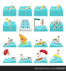 Water sport cartoon icons isolated on white background. Water sport cartoon icons