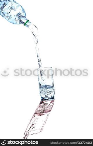 Water streaming from bottle isolated on white with shadow