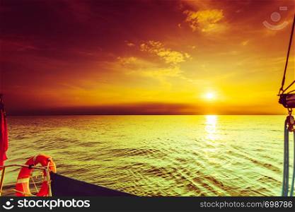 Water traveling, adventure concept. Sea view from yacht, calm water, sunny weather, sky with many clouds.. Sea view from yacht, sunny weather