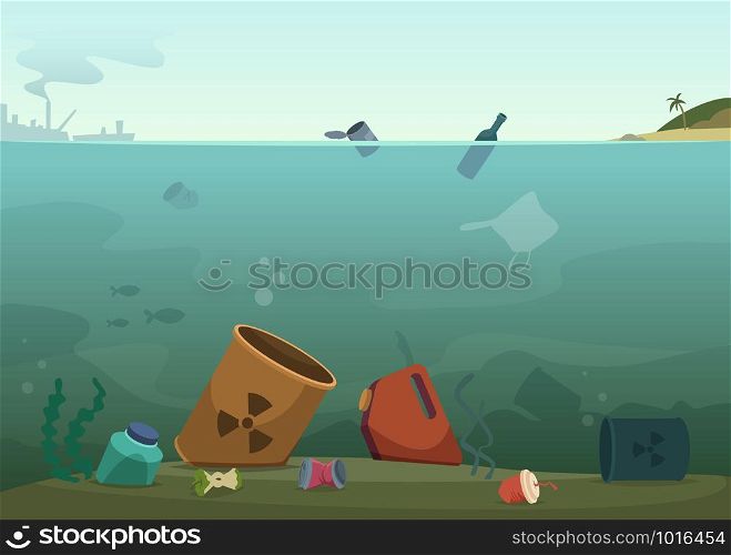 Water waste. Nature pollution plastic bottles in ocean debris dirty animals trash save nature vector concept background. Rubbish and waste in ocean, sea trash plastic, pollution in marine illustration. Water waste. Nature pollution plastic bottles in ocean debris dirty animals trash save nature vector concept background