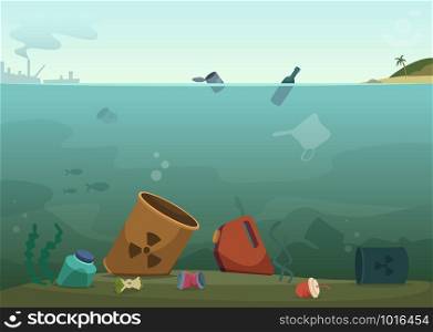 Water waste. Nature pollution plastic bottles in ocean debris dirty animals trash save nature vector concept background. Rubbish and waste in ocean, sea trash plastic, pollution in marine illustration. Water waste. Nature pollution plastic bottles in ocean debris dirty animals trash save nature vector concept background
