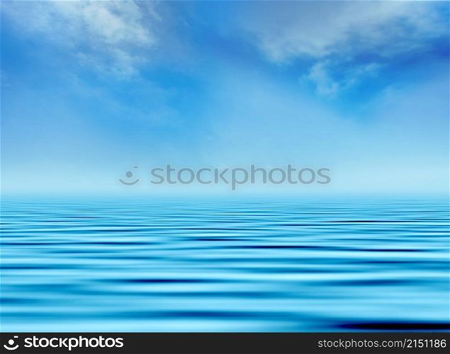 Water wave perspective. Reflection of the cloudy sky in the water. Blue sky, ocean.