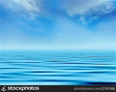 Water wave perspective. Reflection of the cloudy sky in the water. Blue sky, ocean.