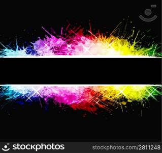 Watercolor aged background with detailed ink splatters. Shiny rainbow colors with celebration stars. Central stripe composition.