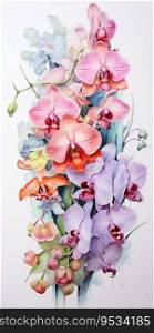 Watercolor and Ink Orchids in Vibrant Pastels. Generative ai. High quality illustration. Watercolor and Ink Orchids in Vibrant Pastels. Generative ai
