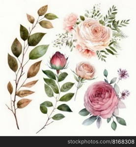 watercolor arrangements with roses. garden pink flowers. Illustration Generative AI 