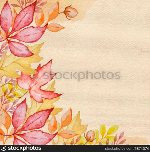 Watercolor autumn background with red and orange autumn leaves