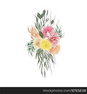 Watercolor autumn bouquet with chrysanthemum flowers and leaves. Illustration. Watercolor autumn bouquet with chrysanthemum flowers and leaves. 