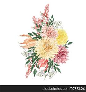  Watercolor autumn bouquet with chrysanthemum flowers, berries and leaves. Illustration.  Watercolor autumn bouquet with chrysanthemum flowers, berries and leaves.