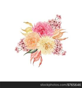 Watercolor autumn bouquet with chrysanthemum flowers, leaves. Illustration. Watercolor autumn bouquet with chrysanthemum flowers, leaves. 