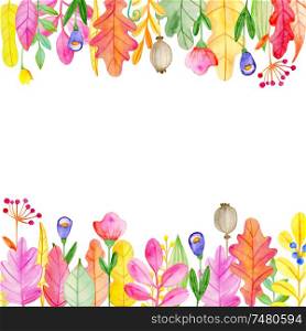 Watercolor autumn floral background with flowers and leaves. Hand drawn illustration