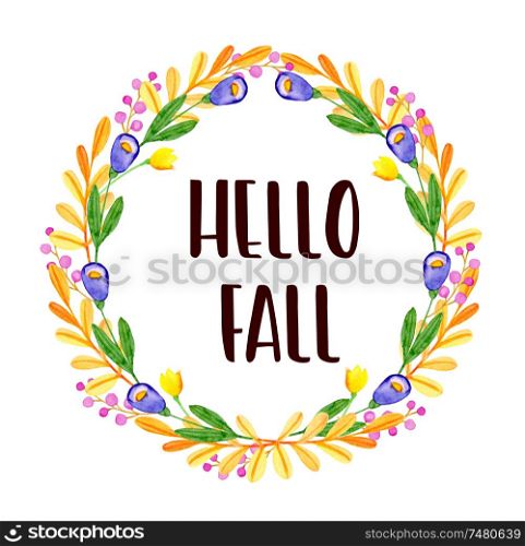 Watercolor autumn floral frame. Violet flowers and orange leaves on a white background. Hand drawn illustration. Hello fall lettering
