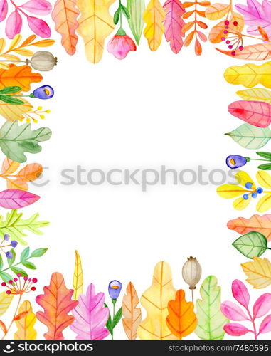Watercolor autumn floral frame with flowers and leaves on a white background. Hand drawn illustration