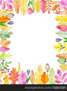 Watercolor autumn floral frame with flowers and leaves on a white background. Hand drawn illustration