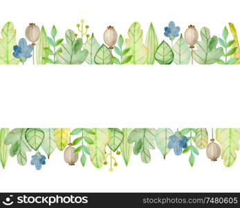 Watercolor autumn floral horizontal background with flowers and green leaves. Hand drawn illustration