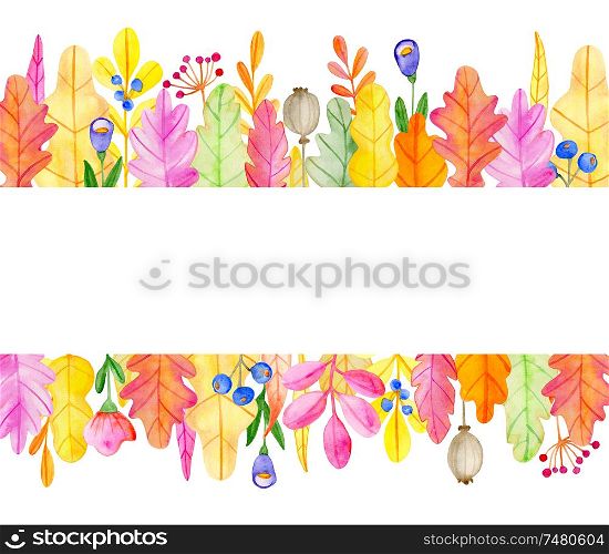 Watercolor autumn floral horizontal background with flowers and leaves. Hand drawn illustration
