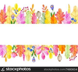 Watercolor autumn floral horizontal background with flowers and leaves. Hand drawn illustration