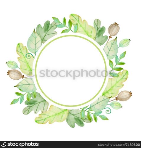 Watercolor autumn floral round banner with flowers and green leaves on a white background. Hand drawn illustration