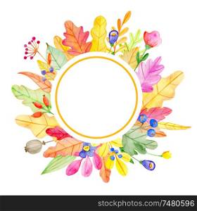 Watercolor autumn floral round banner with flowers and leaves on a white background. Hand drawn illustration