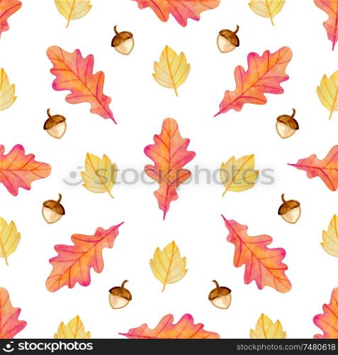 Watercolor autumn floral seamless pattern with acorns and orange oak leaves. Hand drawn nature background