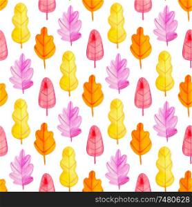 Watercolor autumn floral seamless pattern with bright orange, red and yellow leaves. Hand drawn nature background