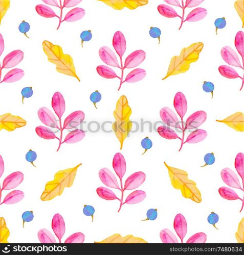 Watercolor autumn floral seamless pattern with falling leaves and blue berry. Hand drawn nature background