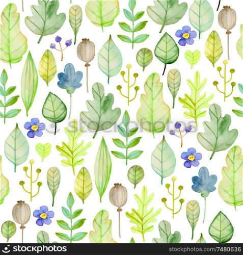 Watercolor autumn floral seamless pattern with flowers and green leaves. Hand drawn nature background