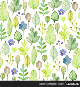 Watercolor autumn floral seamless pattern with flowers and green leaves. Hand drawn nature background