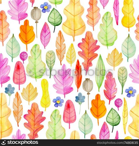 Watercolor autumn floral seamless pattern with flowers and leaves. Hand drawn nature background