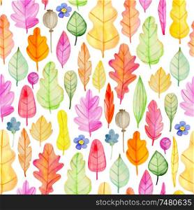 Watercolor autumn floral seamless pattern with flowers and leaves. Hand drawn nature background