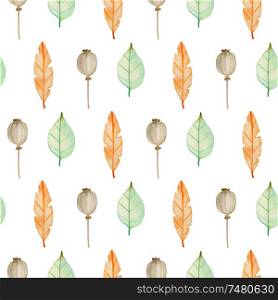 Watercolor autumn floral seamless pattern with green and orange leaves and poppy seeds. Hand drawn nature background
