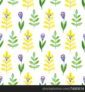Watercolor autumn floral seamless pattern with green and yellow leaves and flowers. Hand drawn nature background