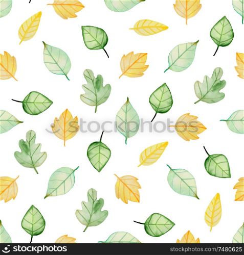 Watercolor autumn floral seamless pattern with green and yellow leaves. Hand drawn nature background