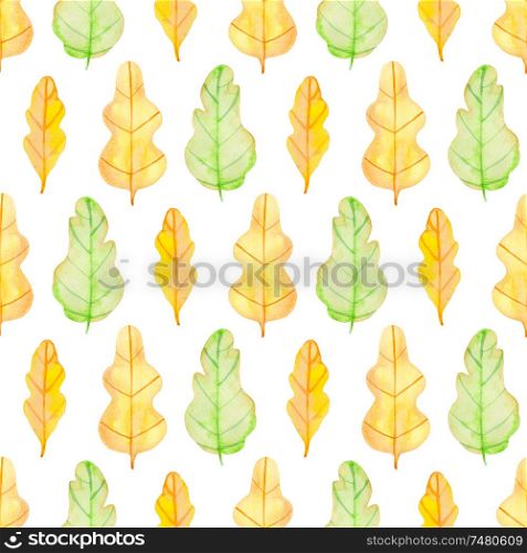 Watercolor autumn floral seamless pattern with green and yellow oak leaves. Hand drawn nature background
