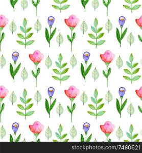 Watercolor autumn floral seamless pattern with green leaves and flowers. Hand drawn nature background