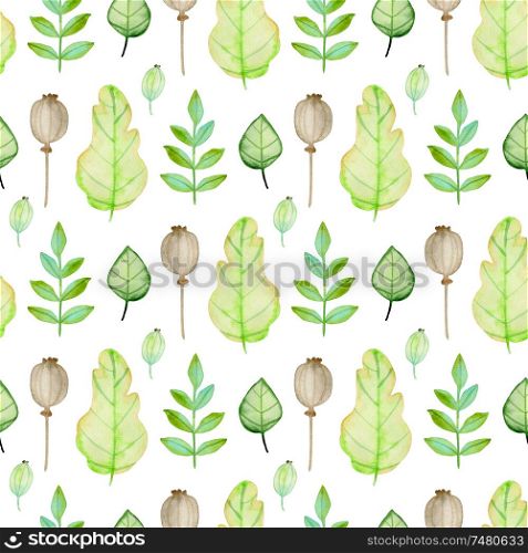 Watercolor autumn floral seamless pattern with green leaves and poppy seeds. Hand drawn nature background