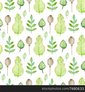 Watercolor autumn floral seamless pattern with green leaves and poppy seeds. Hand drawn nature background