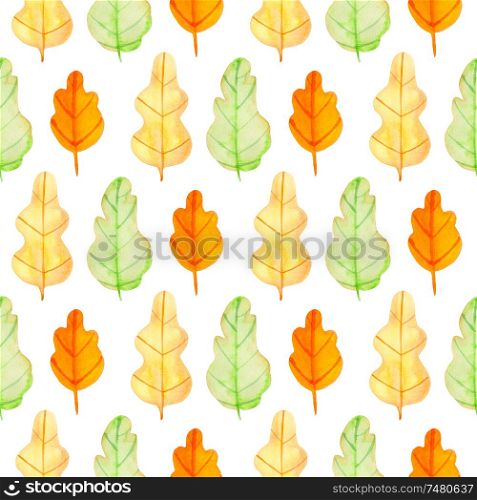 Watercolor autumn floral seamless pattern with green, orange and yellow oak leaves. Hand drawn nature background